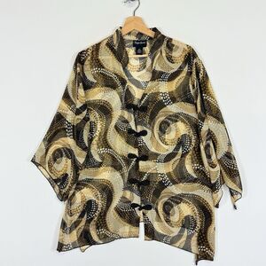 Maggie Barnes Brown Swirl Dot Sheer Toggle Front Shirt Top Women's‎ 0X 14 16